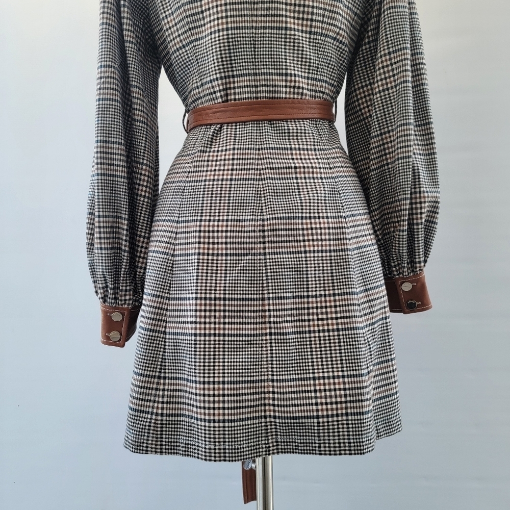 STAUD Plaid Mini Dress Size 8 Glen Check Gray Brown Faux Leather Minimalist Boho - Picture 11 of 16
